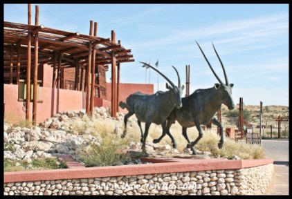 Gemsbok statue at Twee Rivieren's reception, symbolic of the two "Gemsbok" parks joining together to form the Kgalagadi Transfrontier Park